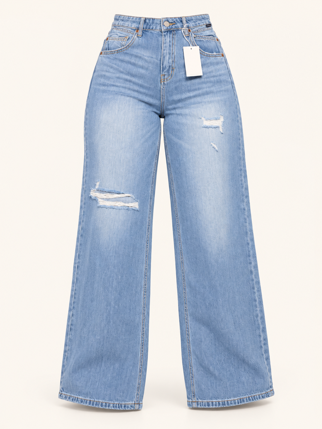 Jeans rectos en denim claro con detalles destroyed