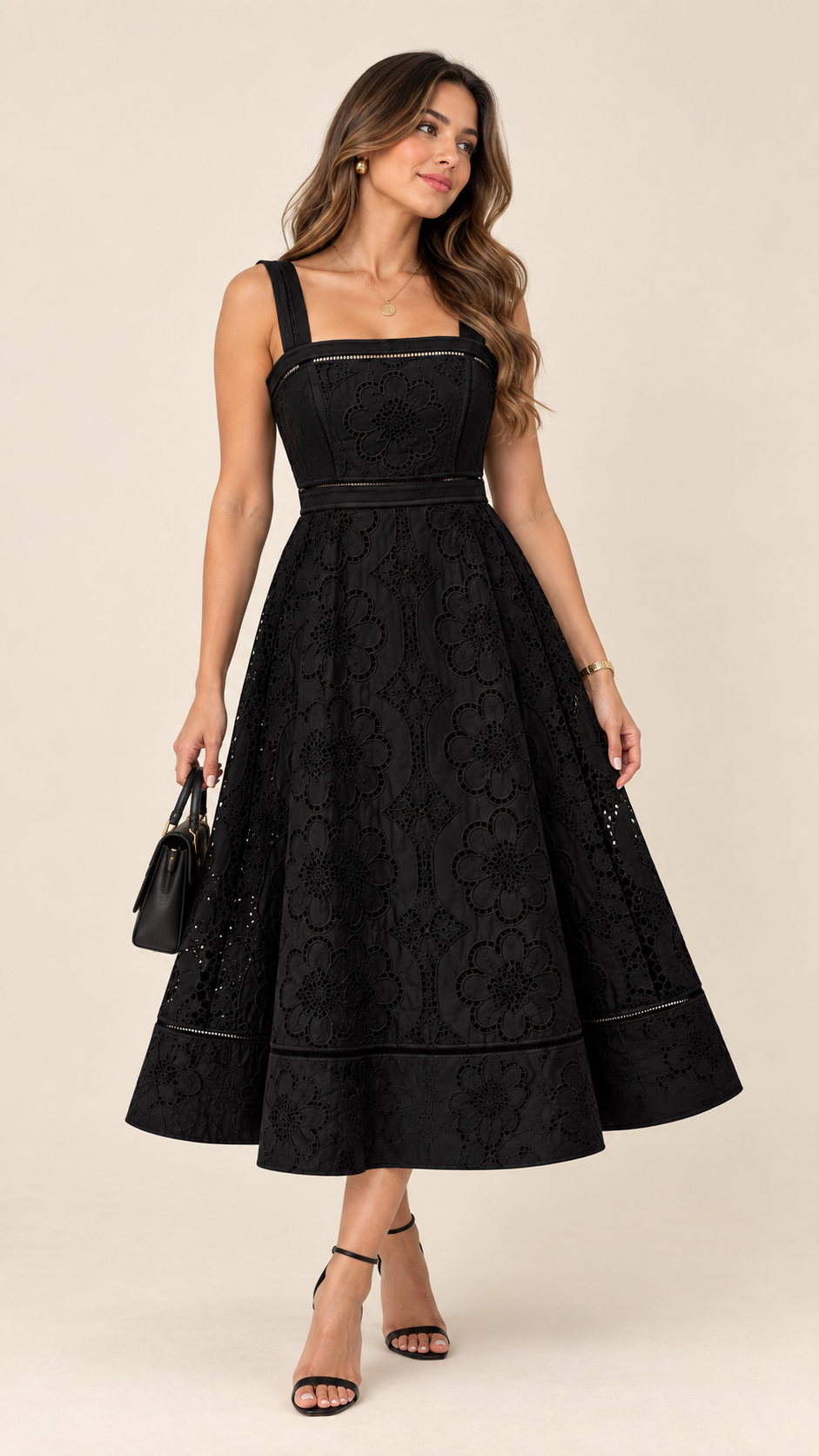 Vestido negro floral midi
