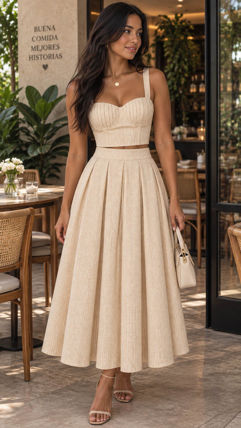 Set beige corset y falda midi plisada