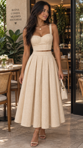 Set beige corset y falda midi plisada