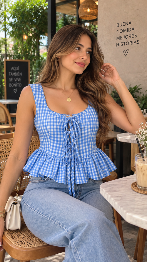 Blusa azul cuadros, modelo cafetería
