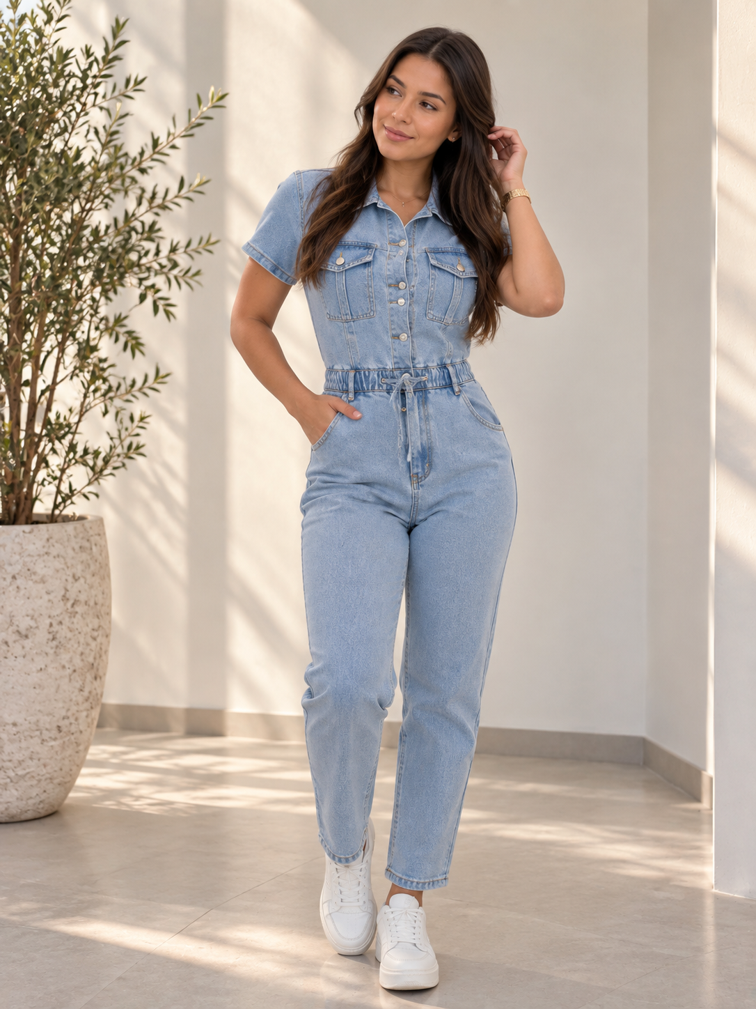 Enterizo denim celeste, sesión de moda