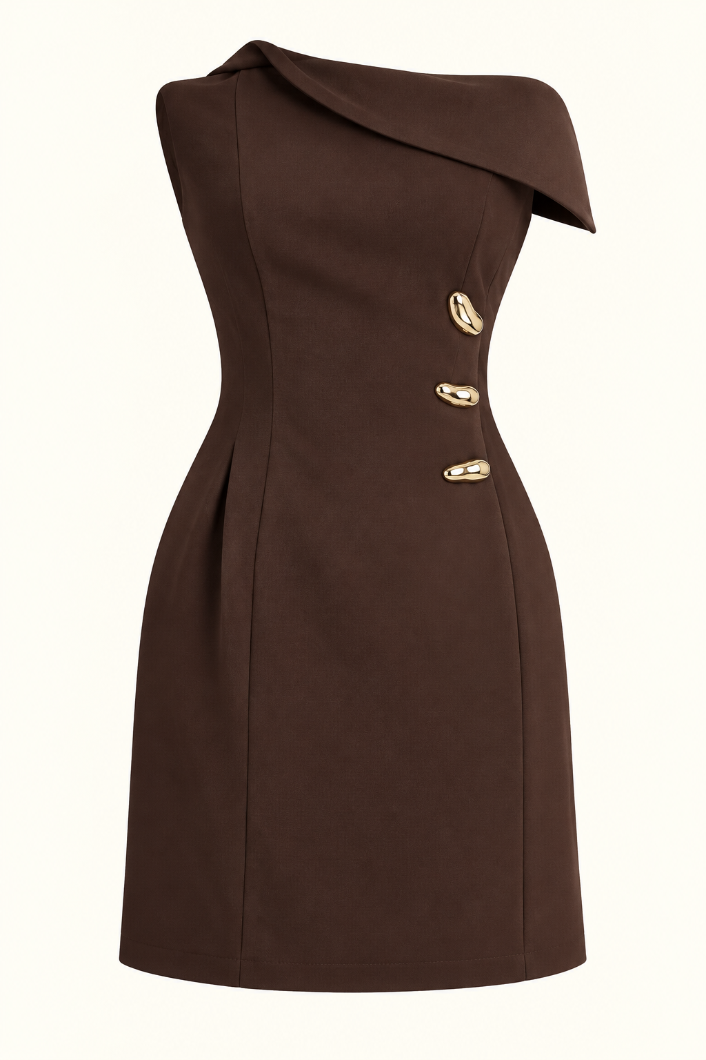 Vestido Café Strapless con Botones Dorados