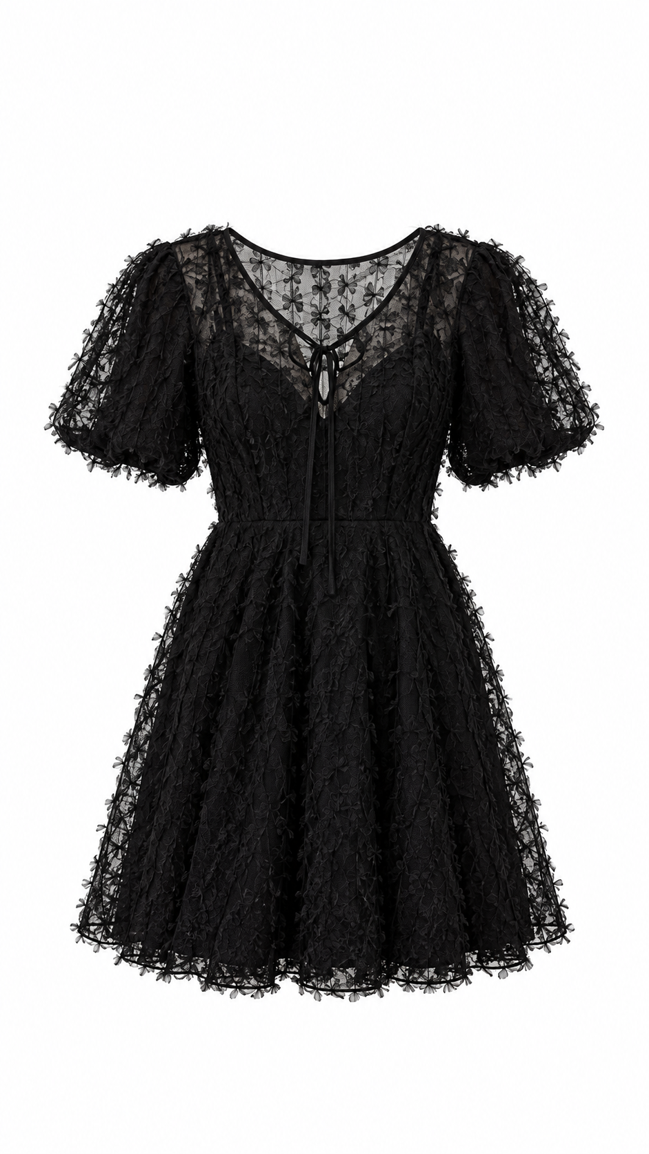 Vestido negro de encaje floral texturizado